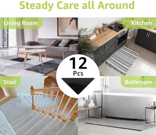 Rabenda 12 Pcs Rug Tape, Non Slip Rug Pads Grippers for Hardwood Floors and Tiles, Reusable Carpet Tape for Area Rugs, Double-Sided Adhesive Rug Stickers Keep Corners Flat (Black)