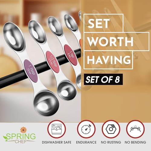 Spring Chef Stainless Steel Metal Magnetic Measuring Spoons Set of 8 with Leveler, Heavy Duty Nesting Teaspoon & Tablespoon Measuring Spoons, Kitchen Gadgets for Baking & Cooking - Desert Sunset