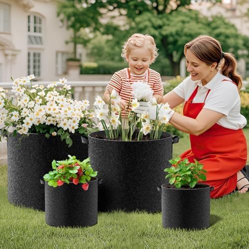 Land Guard 4-Pack Fabric Grow Bags 10 Gallon, Thickened Nonwoven Garden Pots, Growing Bags with Handles, Black