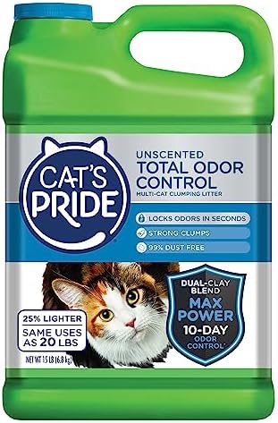 Cat's Pride Max Power: Total Odor Control - Up to 10 Days of Powerful Odor Control - Strong Clumping - Hypoallergenic - 99% Dust Free - Multi-Cat Litter, Unscented, 15 Pounds