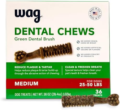 Amazon Brand - Wag Dental Dog Treats to Help Clean Teeth & Freshen Breath - Medium, Unflavored, 36 Count (Pack of 1)