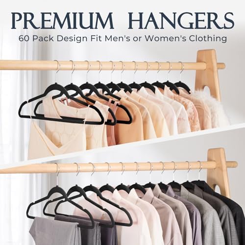 HOUSE DAY Black Velvet Hangers 60 Pack, Non Slip Clothes Felt Hanger Heavy Duty for Coat, Premium Slim Space Saving Suit Hangers for Closet Organizer, 360° Rotating Silver Hook
