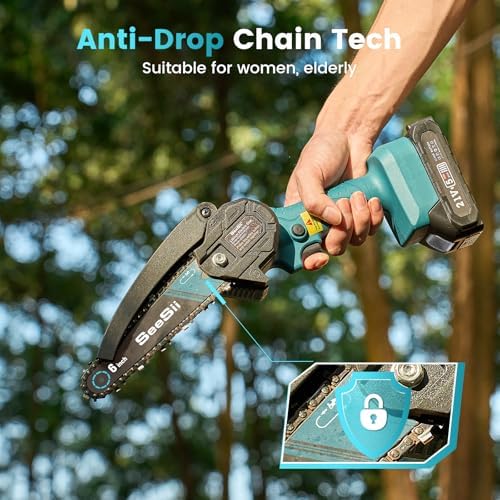 Seesii Mini Chainsaw Cordless 6-inch, Handheld Electric Power Chain Saw with 2 Batteries, for Tree Trimming Wood Cutting, Best Gifts for Dad, Husband