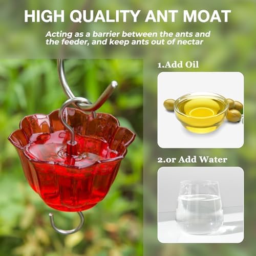 Kingsyard Glass Hummingbird Feeder for Outdoors Wild Bird Feeder with 6 Feeding Ports Hanging for Garden Yard, Red (Ant Moat Included)
