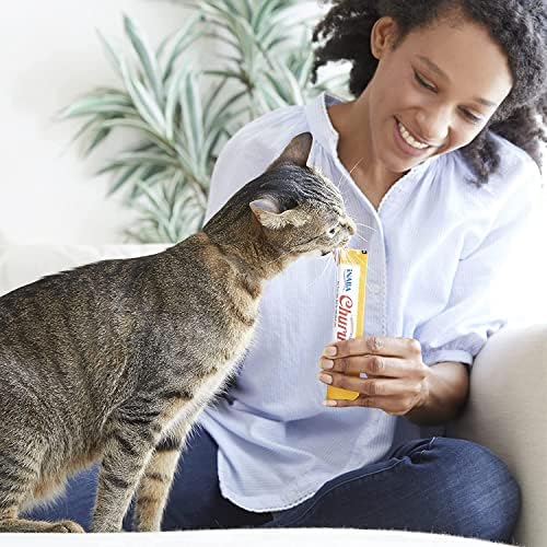 INABA Churu Cat Treats, Grain-Free, Lickable, Squeezable Creamy Purée Cat Treat/Topper with Vitamin E & Taurine, 0.5 Ounces Each Tube, 12 Tubes (4 per Pack), Tuna with Salmon Recipe