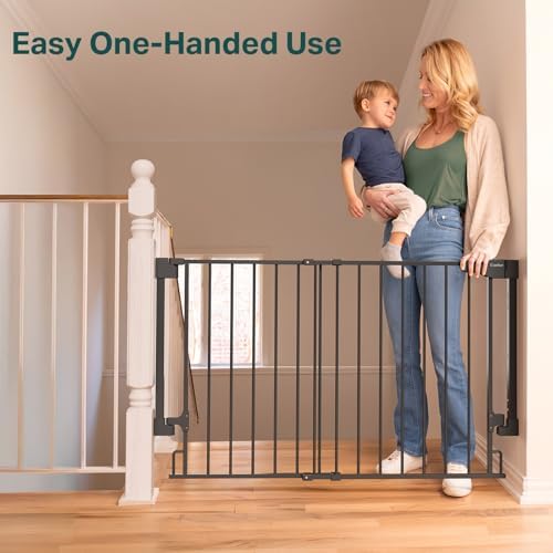Cumbor 29.2-43" No Bottom Bar Baby Gate for Stairs, 2-in-1 Auto Close Dog Gate Indoor, Hardware Mounted Pet Gate for Doorways with Large Walk Thru Door, Child-Proof Safety Gate for Kids (Black)