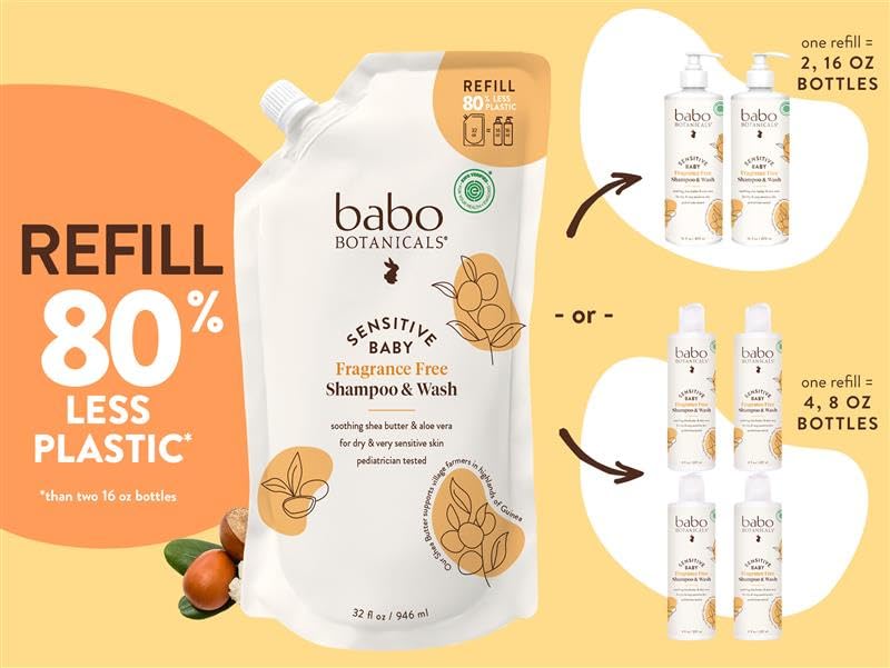 Babo Botanicals Sensitive Baby Fragrance-Free 2-in-1 Shampoo & Wash - Shea Butter, Calendula & Aloe Vera - EWG Verified - Cruelty-Free - Vegan - Pediatrician Tested - For Babies & Kids
