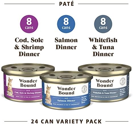 Amazon Brand - Wonder Bound Wet Cat Food, Pate, No Added Grain, Variety Pack (Cod, Sole & Shrimp, Salmon, White Fish & Tuna), 3 ounce (Pack of 24)