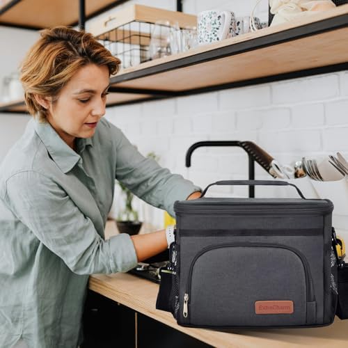 ExtraCharm Insulated Lunch Bag for Women/Men - Reusable Lunch Box for Office Picnic Hiking Beach - Leakproof Cooler Tote Bag Organizer with Adjustable Shoulder Strap for Adults - Black