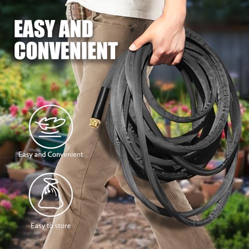 Non-Expandable Garden Hose 100feet, Flexible Water Hose with 10 Function Hose Nozzle, Lightweight, Tangle Free, Rust Proof for Yard (Black)