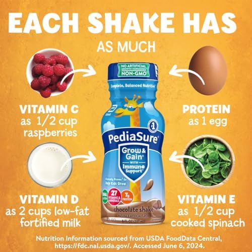 PediaSure Grow & Gain with Immune Support, 27 Vitamins & Minerals for Kids, 7g Protein, Non-GMO, Gluten-Free, Chocolate, 8-fl-oz Bottle, Pack of 24