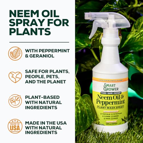 Neem Oil Spray for Plants with Peppermint Oil, Natural Plant Wash Made for Indoor and Outdoor Plants Smart Grower 16oz Easy Ready to Use Spray