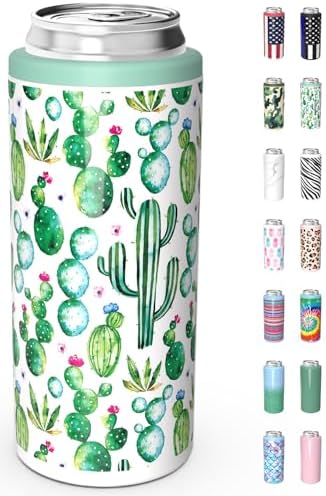 TILUCK Skinny Can Cooler for Slim Beer & Hard Seltzer, Stainless Steel, Doucle-Walled Stainless Steel Insulated Slim Cans, Standard 12 oz (Cactus)