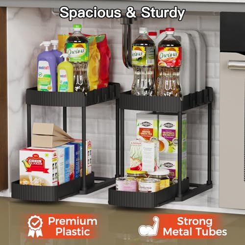 2 Pack Multi-Purpose Pull-Out Storage Organizers, Under Sink Organizers and Storage for Bathroom & Kitchen, Under Cabinet Organizers and storage, 12.8 Inch, Black