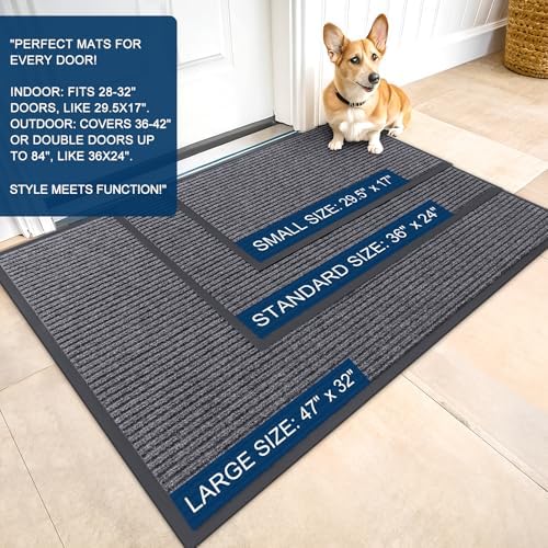 OLANLY Front Door Mat Indoor Outdoor Entrance, Waterproof Heavy Duty Doormat, Fade Resistant, Low Profile, Easy Clean Patio Porch Welcome Floor Mats for Entry, 36x24, Grey