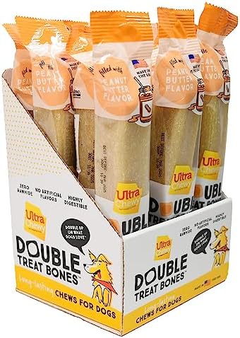 Ultra Chewy Peanut Butter Double Treat Bones: Long-Lasting Dog Treats Made in USA for Large and Small Breeds, Highly Digestible, Ideal for Aggressive Chewers (12 Count)