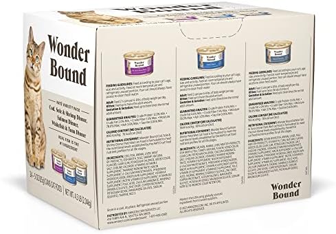 Amazon Brand - Wonder Bound Wet Cat Food, Pate, No Added Grain, Variety Pack (Cod, Sole & Shrimp, Salmon, White Fish & Tuna), 3 ounce (Pack of 24)