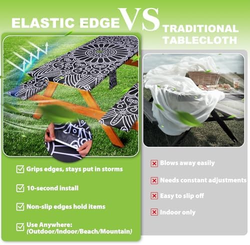 Fitted Picnic Table Cover with Bench Covers Vinyl Waterproof Elastic Edges Fitted Rectangle Tables Patio Tablecloth Camping Gear and Essentials Rv Accessories Road Trip Supplies Car Travel Must Haves
