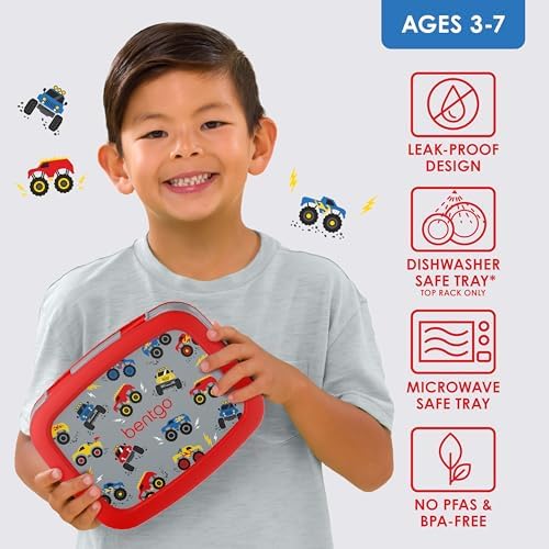 Bentgo Kids Prints Leak-Proof, 5-Compartment Bento-Style Kids Lunch Box - Ideal Portion Sizes for Ages 3-7, Durable, Drop-Proof, Dishwasher Safe, & PFAS & BPA-Free Materials (Trucks)