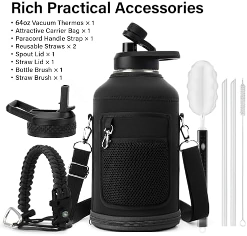 Insulated Water Bottle | Thickened Stainless Steel Vacuum Metal | Portable Sports Half Gallon Large Water Jug for Gym and Hiking with Straw, Carrier Bag, Handle Strap | BPA-Free 64 oz