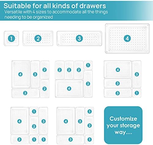 Vtopmart 25 PCS Clear Plastic Drawer Organizers Set, 4-Size Versatile Bathroom and Vanity Drawer Organizer Trays, Storage Bins for Makeup, Bedroom, Kitchen Gadgets Utensils and Office