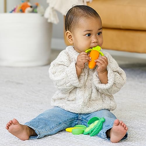 Infantino Lil’ Nibbles Textured Silicone Teethers, BPA-Free Baby Teething Toy, Soft, Easy to Hold, Sensory Stimulation for Infants, Carrot, Corn, Pea Pod, 3-Pack Set