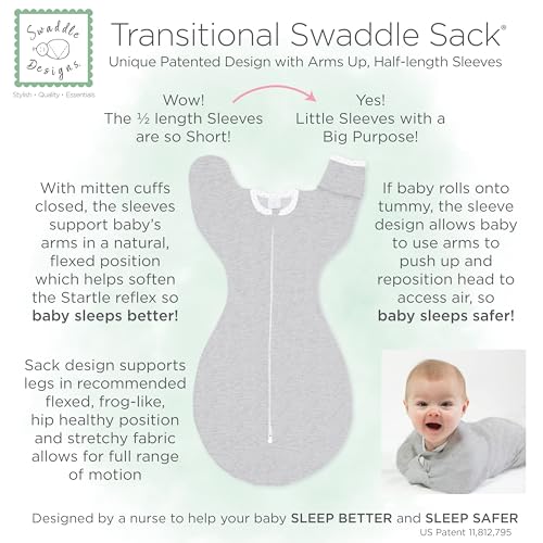 SwaddleDesigns Transitional Swaddle Sack, Arms Up Half-Length Sleeves & Mitten Cuffs, Swaddle for Newborn Transition to Baby Sleep Sack Wearable Blanket, Medium, 3-6 month, 14-21 lb, Heathered Jadeite
