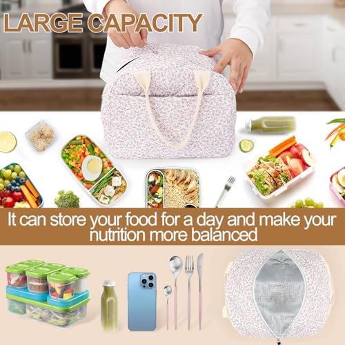 Cotton Quilted Insulated Lunch Bag, Cute Quilted Floral Lunch Tote Bags Reusable Insulated Lunch Box Coquette Aesthetic Large Capacity Insulated Cooler for Women Work Travel Picnic (Pink)