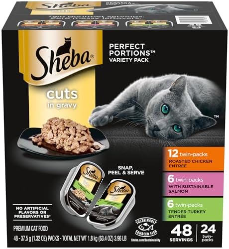 Sheba Perfect Portions Wet Cat Food Cuts in Gravy Variety Pack, Roasted Chicken Entree, with Sustainable Salmon, and Tender Turkey Entree, 2.6 oz. Twin-Pack Trays (24 Count, 48 Servings)