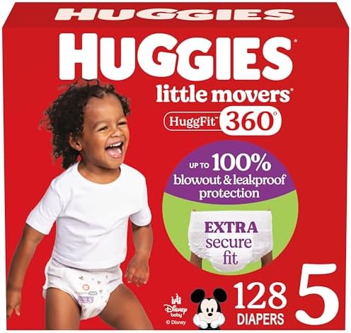 Huggies Size 5 Baby Diapers, Little Movers HuggFit 360° Baby Diapers with 360° Waistband, Size 5 (27+ lbs), 128 Count (2 Packs of 64), Packaging May Vary