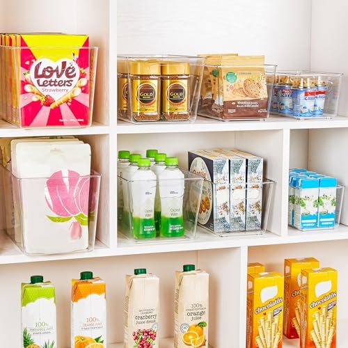 YIHONG 6 Pack Clear Pantry Organizer Bins, Plastic Containers with Handle for Kitchen,Freezer,Cabinet,Closet,Bathroom Under Sink Storage