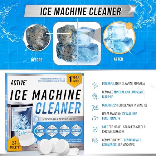 ACTIVE Ice Machine Cleaner Maker Descaler - 24 Clean Tablets Compatible with Frigidaire, Opal, GE Profile, Kitchenaid, Nickel Safe Scale Remover for Countertop, Nugget Ice Makers - Bulk 1 Year Supply