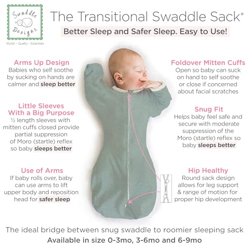SwaddleDesigns Transitional Swaddle Sack, Arms Up Half-Length Sleeves & Mitten Cuffs, Swaddle for Newborn Transition to Baby Sleep Sack Wearable Blanket, Medium, 3-6 month, 14-21 lb, Heathered Jadeite