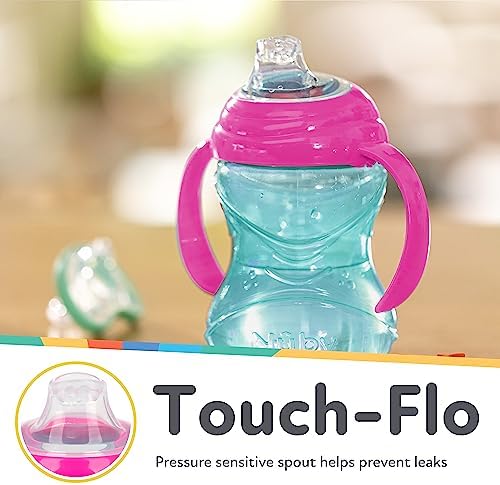 Nuby Clik-It Grip N' Sip Soft Spout No-Spill Training Sippy Cup with Handles - (3-Pack) 10 oz - 4+ Months - Aqua/Purple/Pink