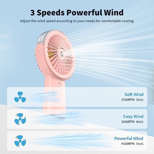 Otlonpe Handheld Misting Fan Portable, 4000mAh Rechargeable Small Personal Water Spray Hand Held Mist Fan Battery Operated, 90° Rotatable, Power Bank for Travel Home Office Men Women Kids (Pink)