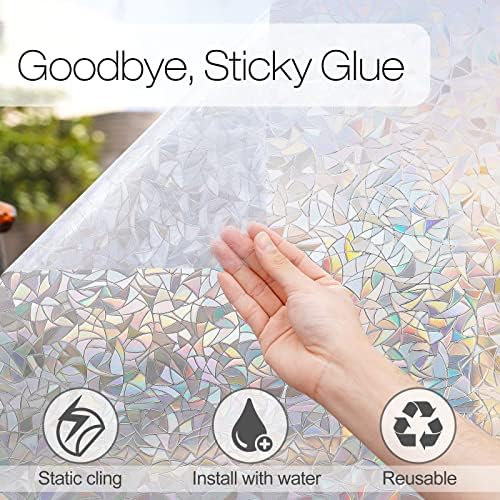 rabbitgoo Window Privacy Film Rainbow Film Decorative Window Sticker, 3D Static Stained Glass Cling Tint for Home Heat Control Non-Adhesive, 23.6 x 78.7 inches