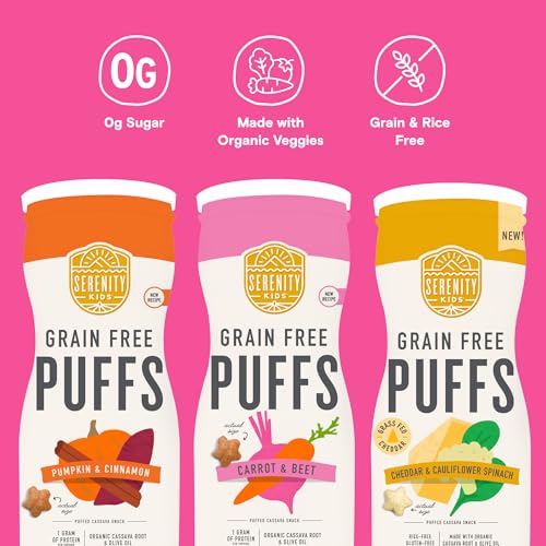 Serenity Kids 6+ Months Grain-Free Baby Puffs Snack - Baby & Toddler Snacks for 6+ Months - No Added Sugar & Gluten & Rice Free - BPA & Allergen Safe with Organic Cassava & Veggies - 1.5 Oz, 6 Pack