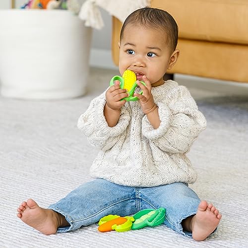 Infantino Lil’ Nibbles Textured Silicone Teethers, BPA-Free Baby Teething Toy, Soft, Easy to Hold, Sensory Stimulation for Infants, Carrot, Corn, Pea Pod, 3-Pack Set