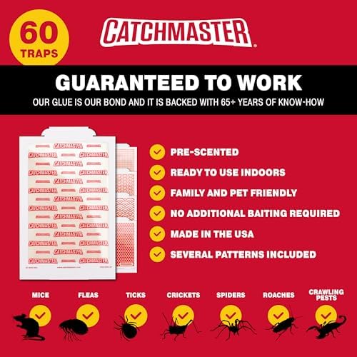 Catchmaster Pro Strength Mouse & Insect Glue Boards 60pk Traps Indoor for Home, Adhesive Bug Catcher, Rat & Rodent Sticky Trap, Non Toxic Bulk Pre-Baited Glue Traps, Pet Safe House Pest Control