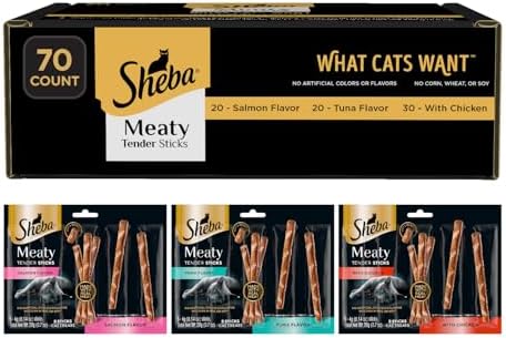 Sheba Meaty Tender Sticks Soft Cat Treats Chicken, Tuna, and Salmon Flavor, 0.14 oz., 70 Sticks