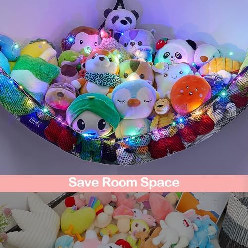 Unicorn Castle Stuffed Animals Net or Hammock Kids Toy Storage Organizer with LED Light Hanging Corner Stuffed Animals Holder Kids Girls Room Decor (Pack of 1)