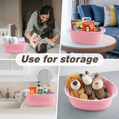 Pro Goleem Small Woven Basket with Gift Bags and Ribbons Durable Baskets for Gifts Empty Small Rope Basket for Storage 12"X 8" X 5" Baby Toy Basket with Handles, Pink