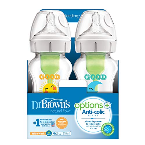 Dr. Brown's Natural Flow Anti-Colic Options+ Wide-Neck Baby Bottles, 9 oz/270 mL, with Level 1 Slow Flow Nipple, 4 Pack Good Morning/Good Night Gift Set