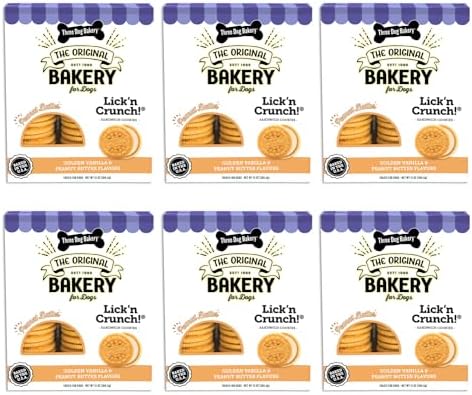 Three Dog Bakery Lick'n Crunch Sandwich Cookies Premium Dog Treats with No Artificial Flavors, Golden & Peanut Butter Flavor, 13 Ounces (Pack of 6)