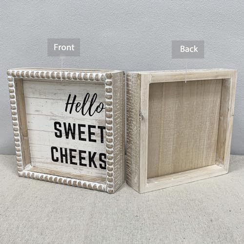 Boho Farmhouse Wooden Framed Bathroom Decor Signs, Funny Restroom Decorative Plaque Small Cute, Toilet Rules Shelf Decoration (Hello Sweet Cheeks)