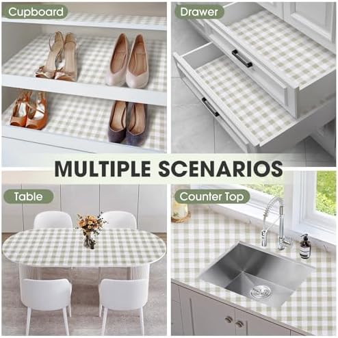 Drawer and Shelf Liner, Non-Slip Kitchen Cabinet Liners Non-Adhesive Thick Strong Grip Waterproof Washable Mats Protect Dresser Shelves Cupboard Bathroom Cabinets, Green Plaid, 12 in X 10 FT
