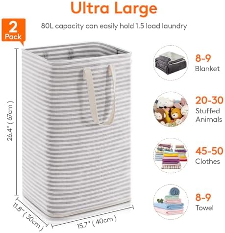 Lifewit 2 Pack Laundry Hamper Large Collapsible Laundry Baskets, Freestanding Waterproof Clothes Hamper with Easy Carry Handles in Laundry Room Bedroom Bathroom College Dorm for Adults, Grey, 2 x 80L