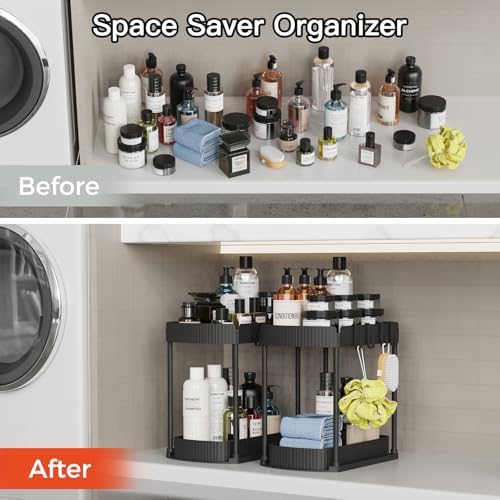 2 Pack Multi-Purpose Pull-Out Storage Organizers, Under Sink Organizers and Storage for Bathroom & Kitchen, Under Cabinet Organizers and storage, 12.8 Inch, Black