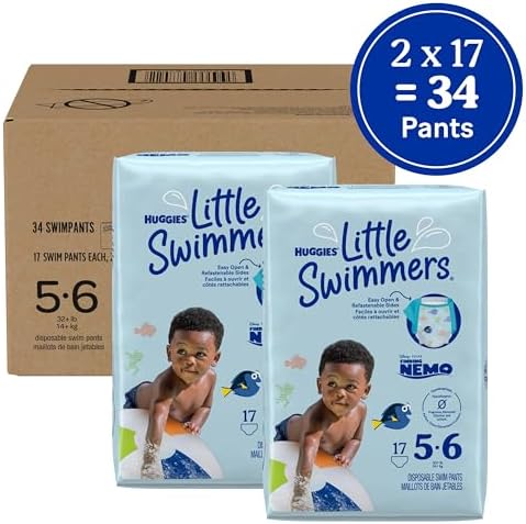 Huggies Little Swimmers Disposable Swim Diapers, Size 5-6 (32+ lbs), 34 Ct (2 packs of 17), Packaging May Vary