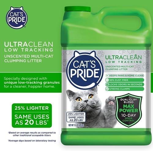 Cat's Pride Max Power: UltraClean Low Tracking Multi-Cat Clumping Litter - Keeps Paws & Home Clean - Up to 10 Days of Powerful Odor Control - 99% Dust Free - Unscented, 15 Pounds
